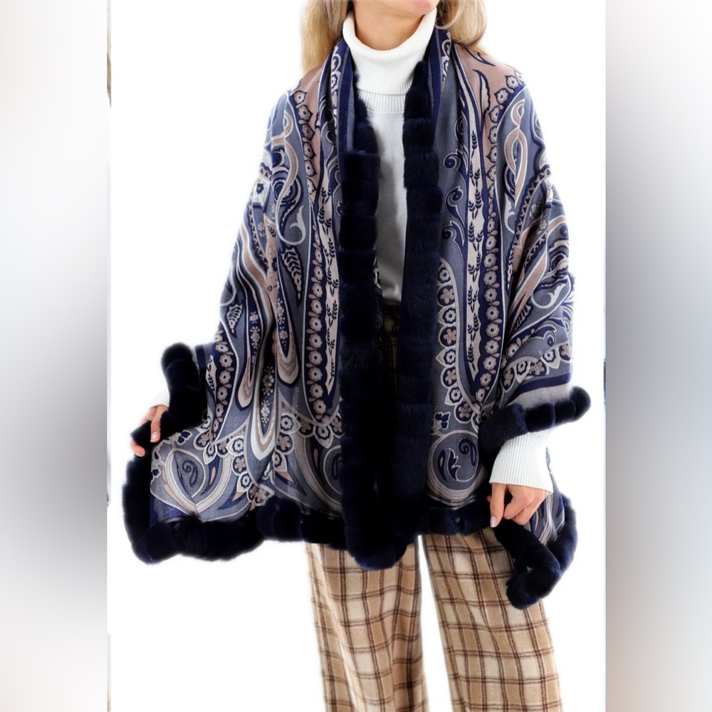 La Fiorentina PAISLEY PRINT 100% WOOL WRAP WITH REX FUR TRIM - NAVY